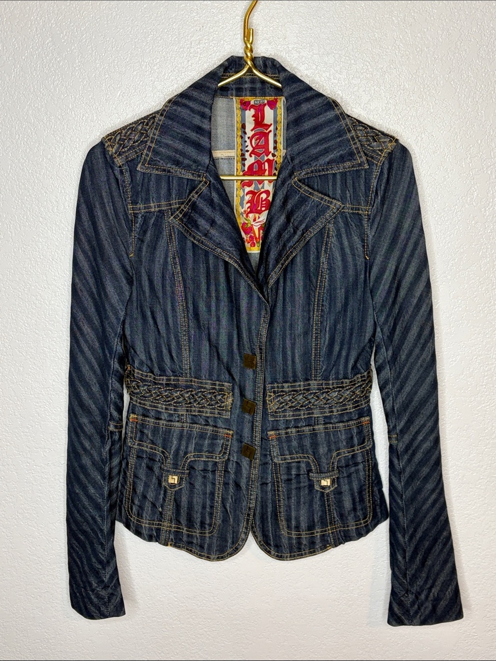 LAMB Dark Stripped Denim Jacket 2007 Collection Y2K Braided Details Size 6